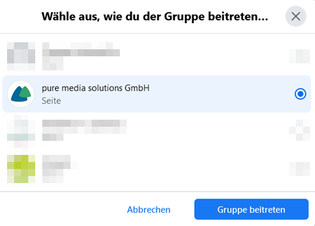 Gruppe beitreten mit Unternehmensseite