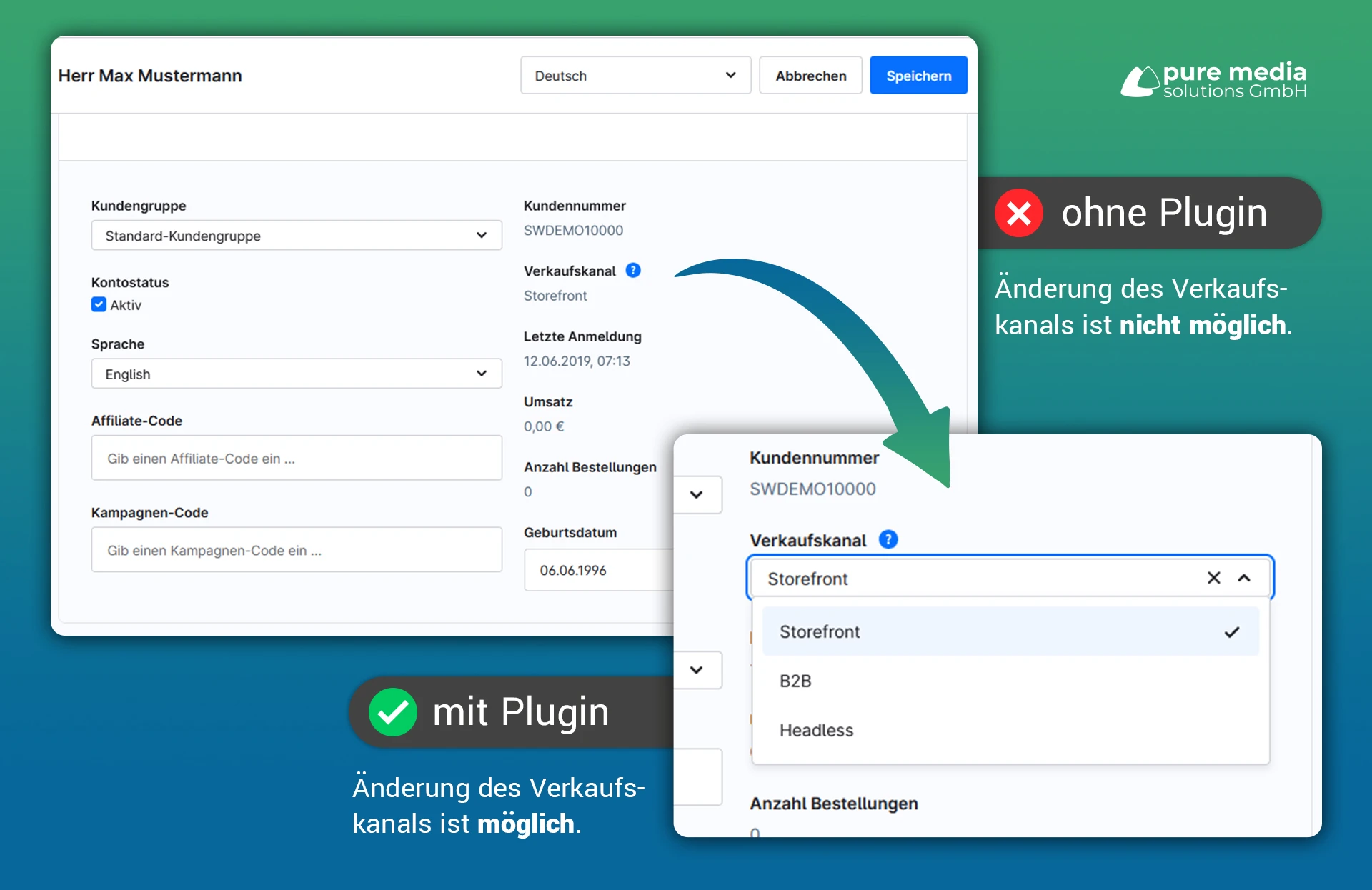 Die Änderung des Verkaufskanals im Kundenaccount ist mit dem Plugin möglich