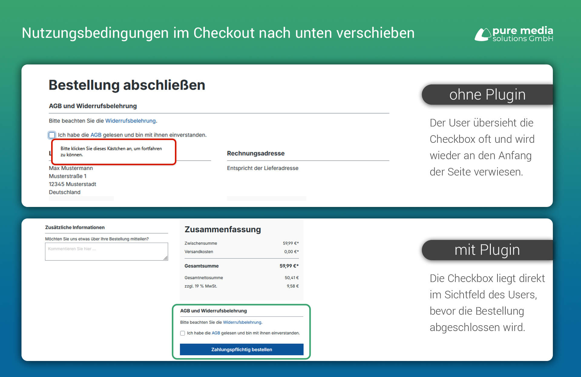 Nutzungsbedingungen im Checkout nach unten verschieben, damit die Checkbox direkt im Sichtfeld des Users liegt, bevor die Bestellung abgeschlossen wird