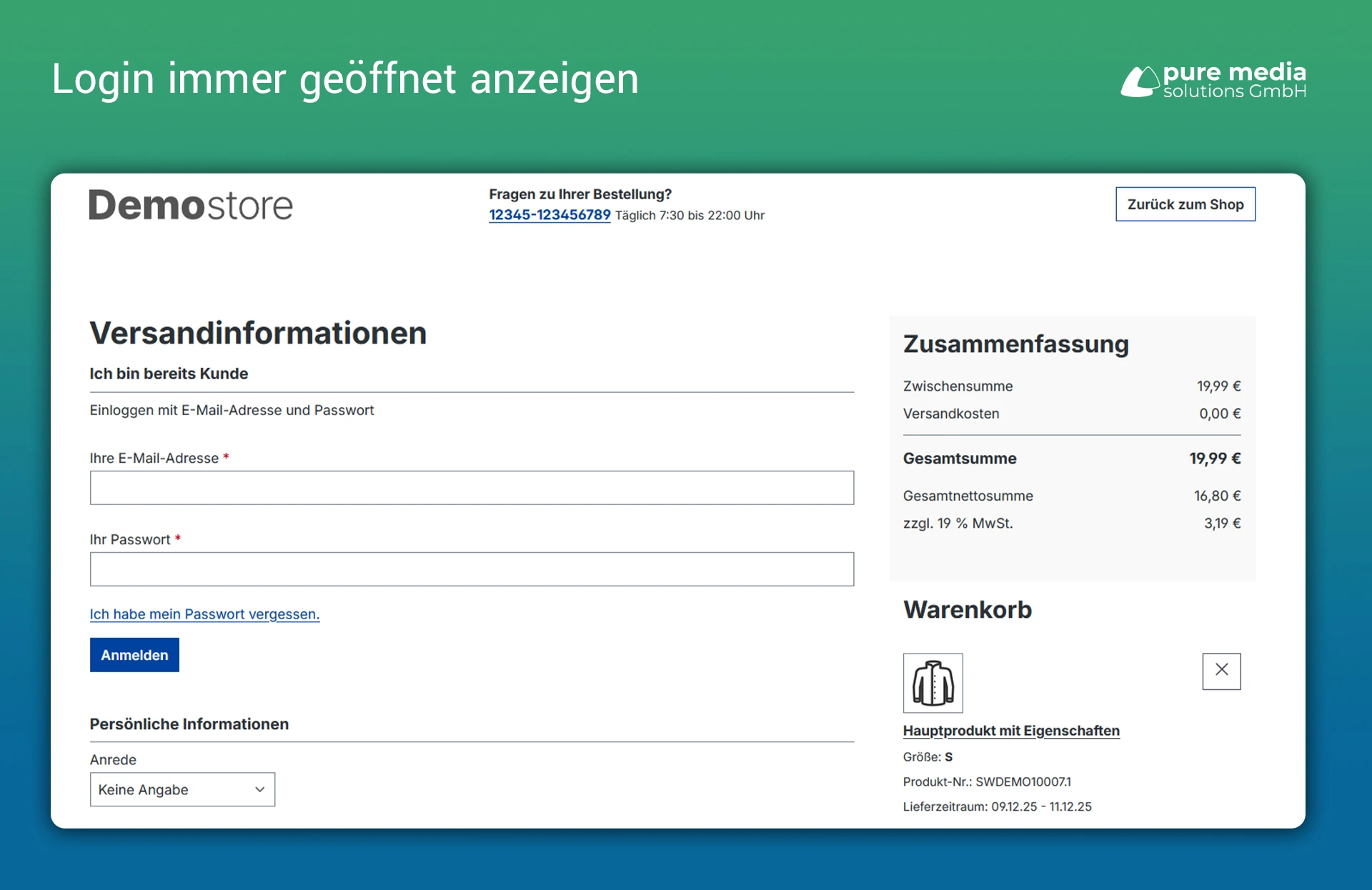 Login wird im Bestellprozess immer geöffnet angezeigt