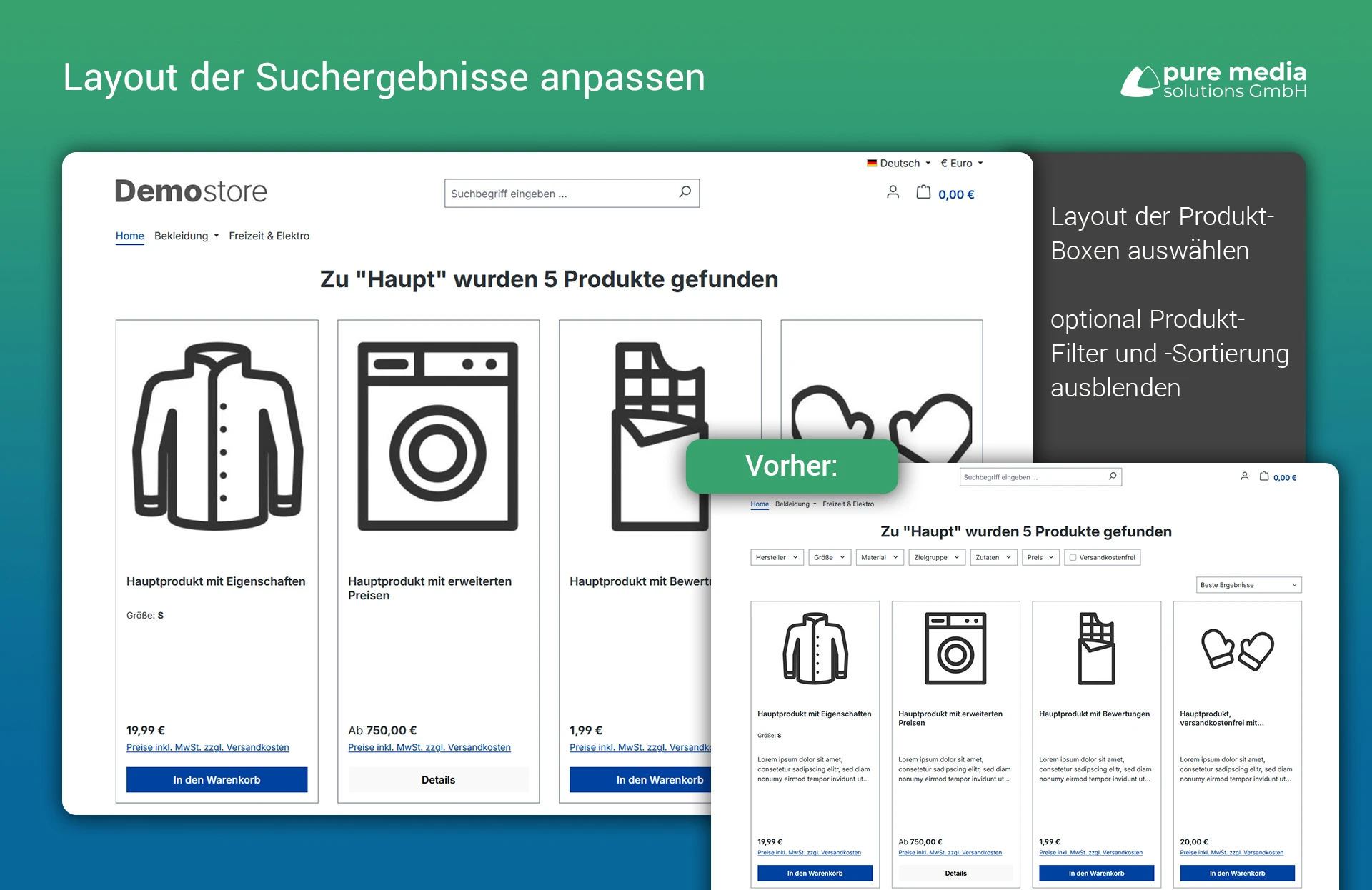 Layout der Suchergebnisse anpassen: Layout der Produkt-Boxen auswählen, optional Produkt-Filter und -Sortierung ausblenden
